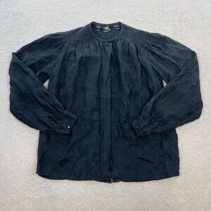 Oleg Cassini Vintage 100% Silk Leaf Long Sleeve Button Down Black Blouse Size 4